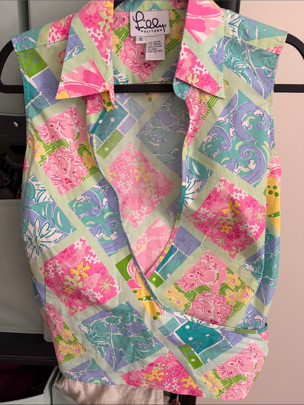 Lilly Pulitzer Patchwork Print Sleeveless Collared Top in Pink, Green & Blue
